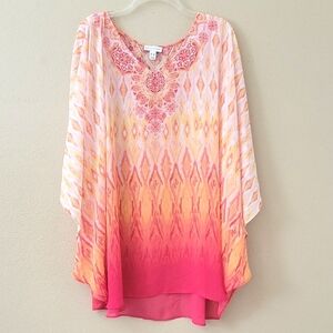 Susan Graver Pink Orange Ombre Boho Chiffon Scarf Blouse - Size 3X